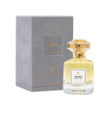 A crisp, front-facing product shot of the Touch of Oud Ward Extrait de Parfum 80ml bottle against a pure white background. The square-molded clear glass base reveals a vibrant yellow liquid, while the clean white label and intricate gold filigree cap emphasize luxury branding.
