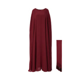 Front view of Velvety burgundy 3-piece modest dress set featuring a sheer chiffon cape and matching tassel scarf.