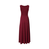 Rear view of the burgundy sleeveless maxi dress highlighting the concealed zipper closure and tailored fit.