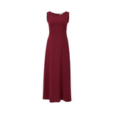 Sleek burgundy sleeveless maxi dress with a round neckline and A-line silhouette by Velvety.