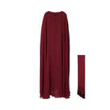 Back view of the burgundy chiffon cape overlay showing the elegant drape and floor-length hem.