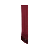 Close-up of the burgundy chiffon scarf featuring intricate beadwork and long silk fringe tassels.