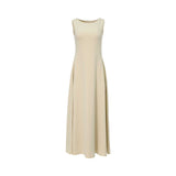 Sleek cream sleeveless maxi dress with a round neckline and A-line silhouette by Velvety.