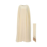 Front view of Velvety cream 3-piece modest dress set featuring a sheer chiffon cape and matching tassel scarf.