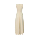 Rear view of the cream sleeveless maxi dress highlighting the concealed zipper closure and tailored fit.