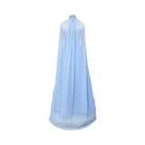 Back view of ice blue halter neck satin evening gown with embellished collar and sheer floor-length cape overlay.