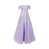 Front view of a floor-length lavender tulle evening gown featuring an off-the-shoulder neckline and silver crystal floral embroidery cascading down the bodice and skirt.