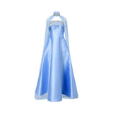 Front view of  blue halter neck satin evening gown with embellished collar and sheer floor-length cape overlay.