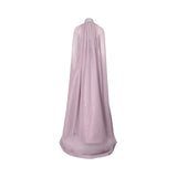 Back view of ice move  halter neck satin evening gown with embellished collar and sheer floor-length cape overlay.