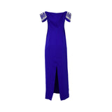 Back view Royal blue off-shoulder maxi dress with silver embroidered neckline and short sleeves, floor-length elegant evening gown for women.