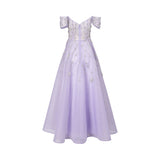Back view of a floor-length lavender tulle evening gown featuring an off-the-shoulder neckline and silver crystal floral embroidery cascading down the bodice and skirt.