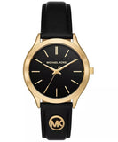 Michael Kors Slim Runway Ladies Gold Case Black Leather Strap Watch