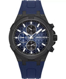 Police Guardian Men's Blue Dial Blue Silicon Strap Watch Blue and black Police watch with detailed face on a white background