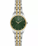 Santa Barbara Polo & Racquet Club women's watch with a round silver-toned case, gold-toned bezel, dark green textured dial wi