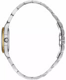 Side view of a watch with a silver-toned case, gold-toned bezel, and a silver-toned metal link bracelet.