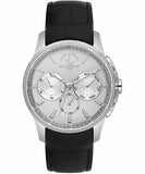 Silver-toned watch with a black crocodile-grain leather strap and a textured white dial featuring multiple sub-dials.
