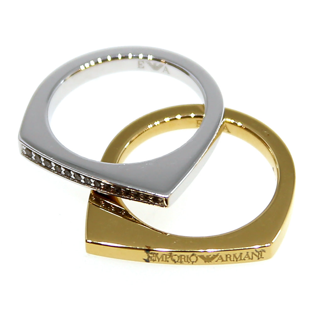 Armani Ladies 2Pcs Ring Silver/Gold Plated With Stones & Armani Brand Name Size 7.5