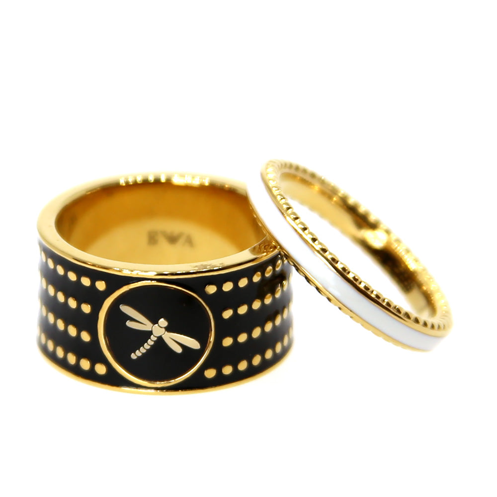 Armani Ladies 2Pcs Set Ring Gold Thin With Ceramic & Thick With Black Coating / Drgon Fly Design Size 7