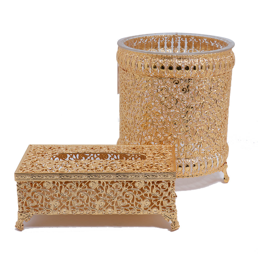 Ever Country Round Garbage Can With Rectanglar Tissue Box Gold Plated