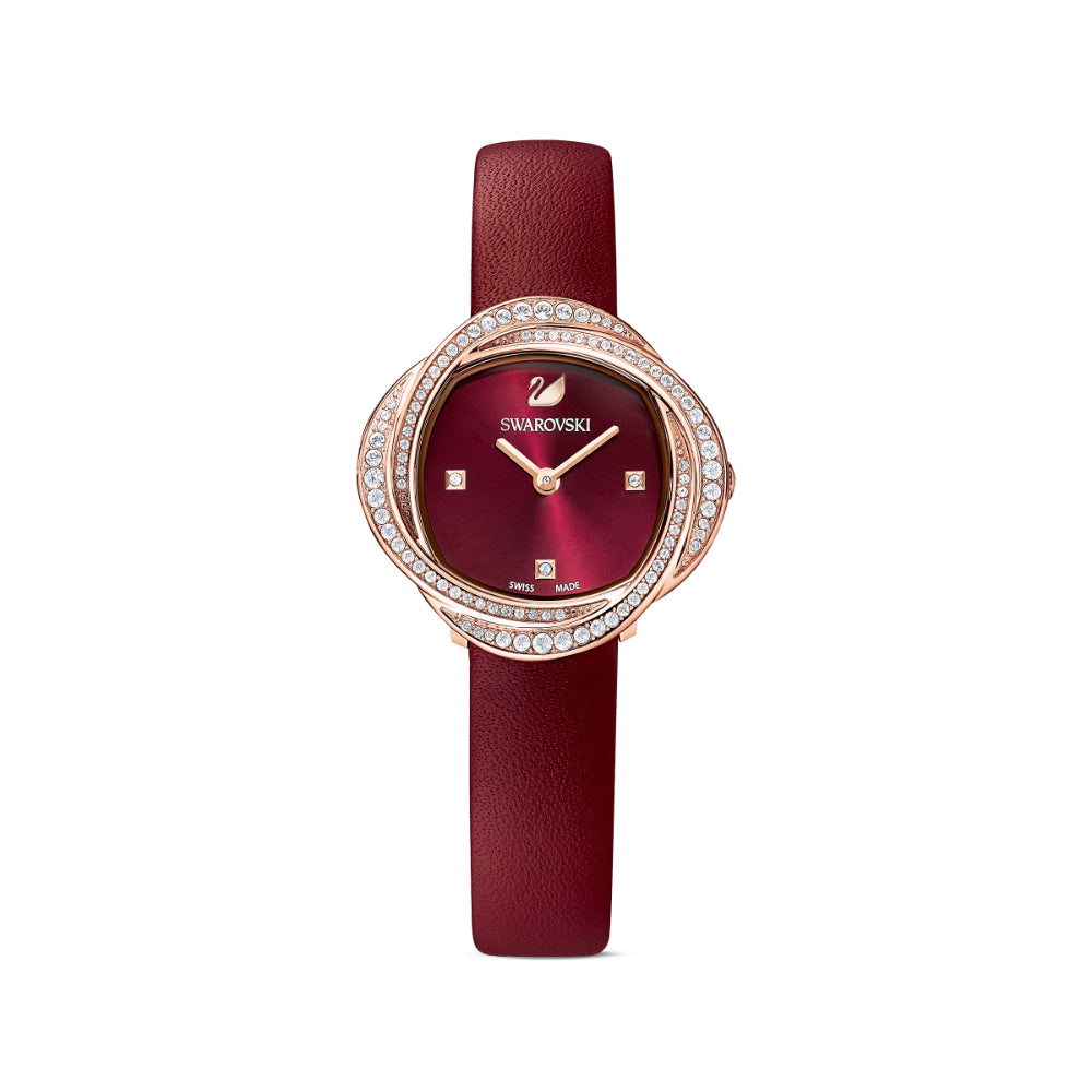 Swarovski Crystal Flower Watch Leather Strap, Red, Rose-Gold Tone Pvd ...
