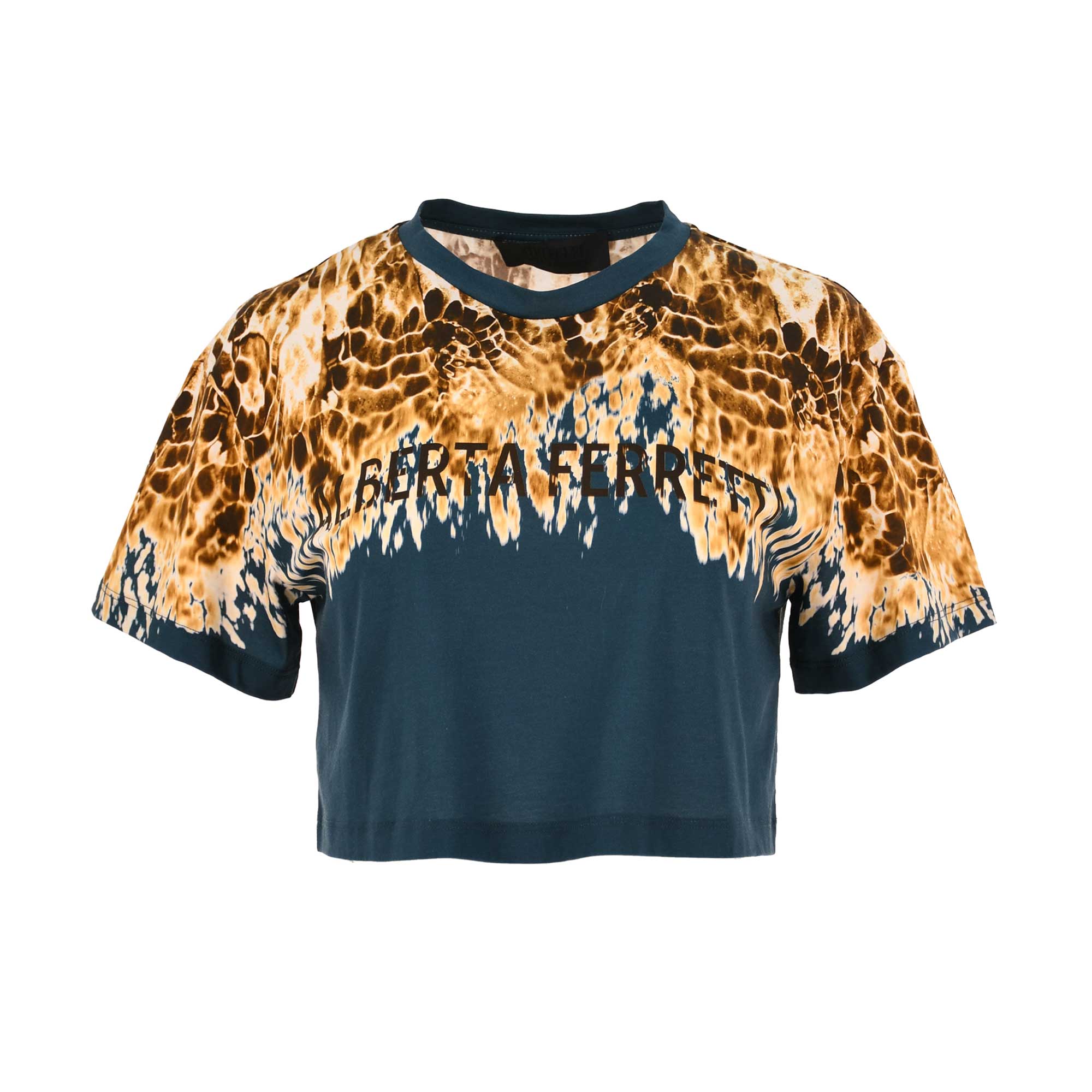 Studio product photograph showcasing the front view of the Alberta Ferretti women's cropped t-shirt, highlighting its dark teal base, fluid ochre liquid-ripple upper print, and central arched brand logo against a plain white background.