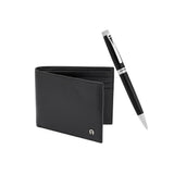 Aigner Set Pen + Wallet / Stainless Steel Pen Silver With Black & Black Wallet