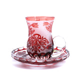 كأس شاي سيزار كريستال وصحن  كريستال أحمر قص يدوي