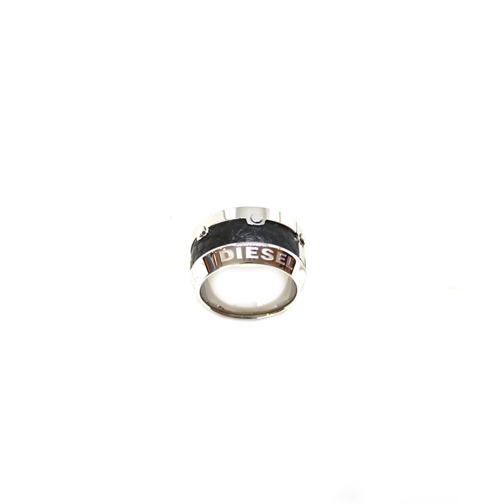 Diesel Men's Ring Stainless Steel With Black Leather In The Middle Size 8