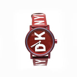 ساعة دي كاي ان واي نسائية ذات هيكل عنابي من الستانلس ستيل مع مينا و حزام جلد عنابي مع اسم العلامة باللون الابيض