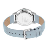 ساعة إسبري نسائي من الستانلس الستيل مع أحجار على حواف العلبة و ميناء فضية على حزام من الجلد باللون الأزرق الخفيف