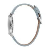 ساعة إسبري نسائي من الستانلس الستيل مع أحجار على حواف العلبة و ميناء فضية على حزام من الجلد باللون الأزرق الخفيف