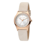 ساعة إسبري نسائي من الستانلس الستيل مطلي بالذهبي الوردي مع أحجار على حواف العلبة و ميناء فضية على حزام جلدي باللون الكريمي