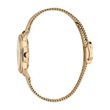 ساعة إسبري نسائي من الستانلس الستيل مطلي بالذهبي مع أحجار على حواف العلبة و ميناء ذهبية على سوار شبكي