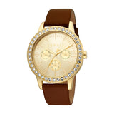 Esprit Ladies Watch Brown Leather Strap With Stone Golden Color Dial