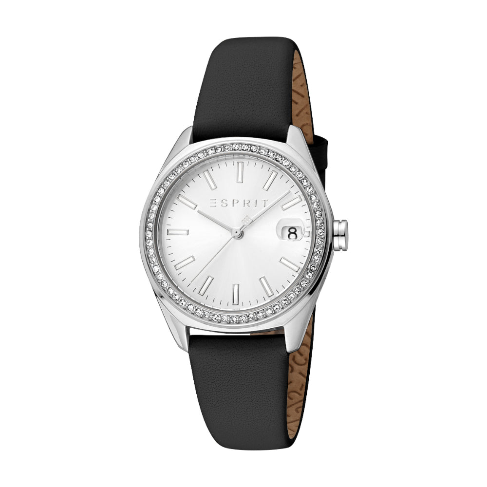 Esprit Celia Ladies Silver Dial Black Leather Strap Watch with