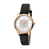 ESPRIT Women's Watch, Rose Gold Color Case, Silver & Silver Glitter Dial, Black Leather Strap