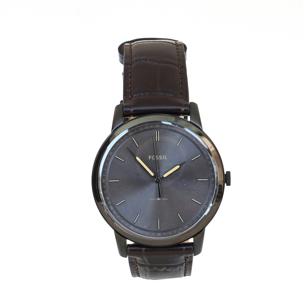 Fossil Men's Watch With Dark Brown Leather Strap & Black Dial