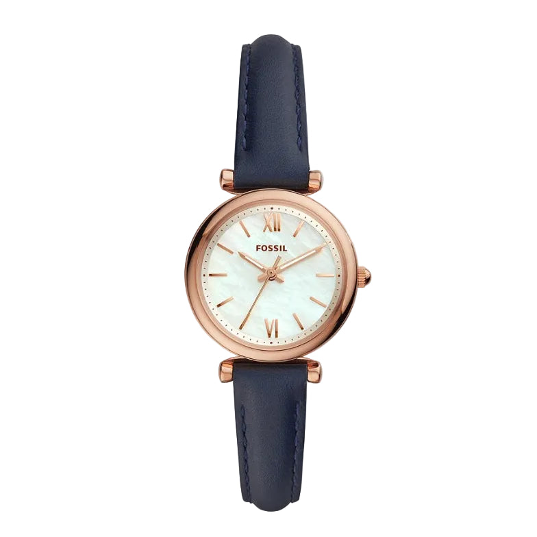 Fossil Carlie Women's Mini Three-Hand Navy Leather Watch – Blue Salon
