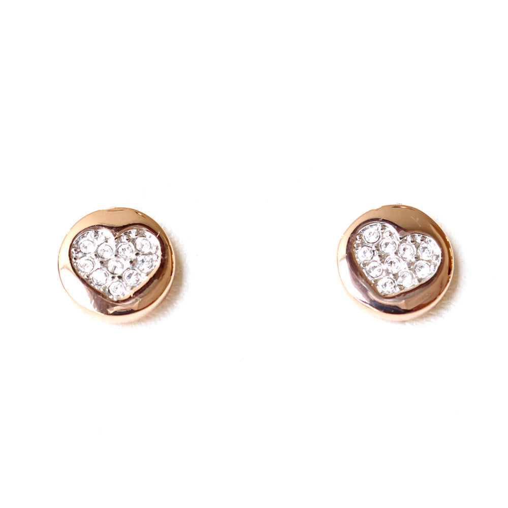 Guess Earring Ip Rosegold & Little Round With Sparkle Heart Studs Design