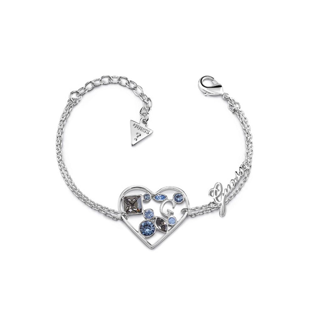 Guess Bracelet Silver Color Chain With Blue Crystal Heart Charm Design