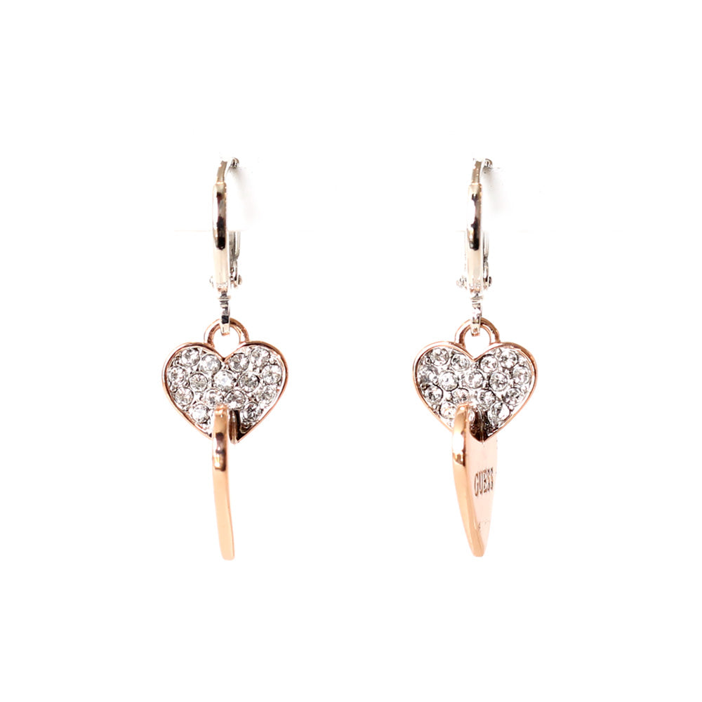 Guess Earrings Silver Color & Ip Rosegold Crystal Pendant With Twisted Heart Design
