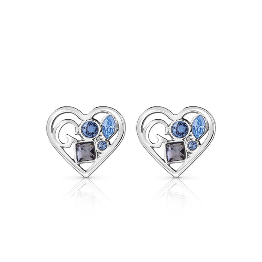 Guess Earring Silver Color & Blue With Crystal Heart Studs Design