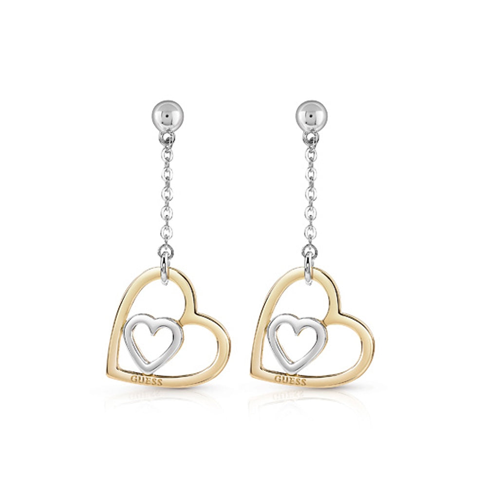 Guess Earring Silver Color & Ip Gold With Heart Framed Pendant Design