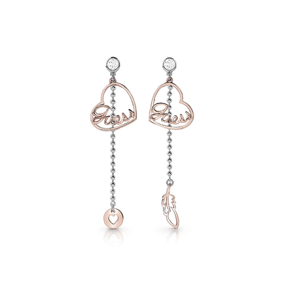 GuessÂ Earring Silver ColorÂ With Ip Rosegold Heart & FeatherÂ 