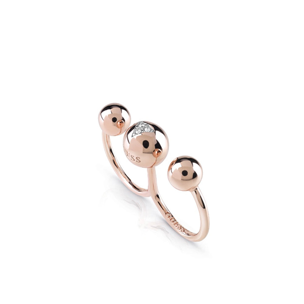 Guess Double Ring Ip Rosegold With Stone & Three Beads On Top Size 7