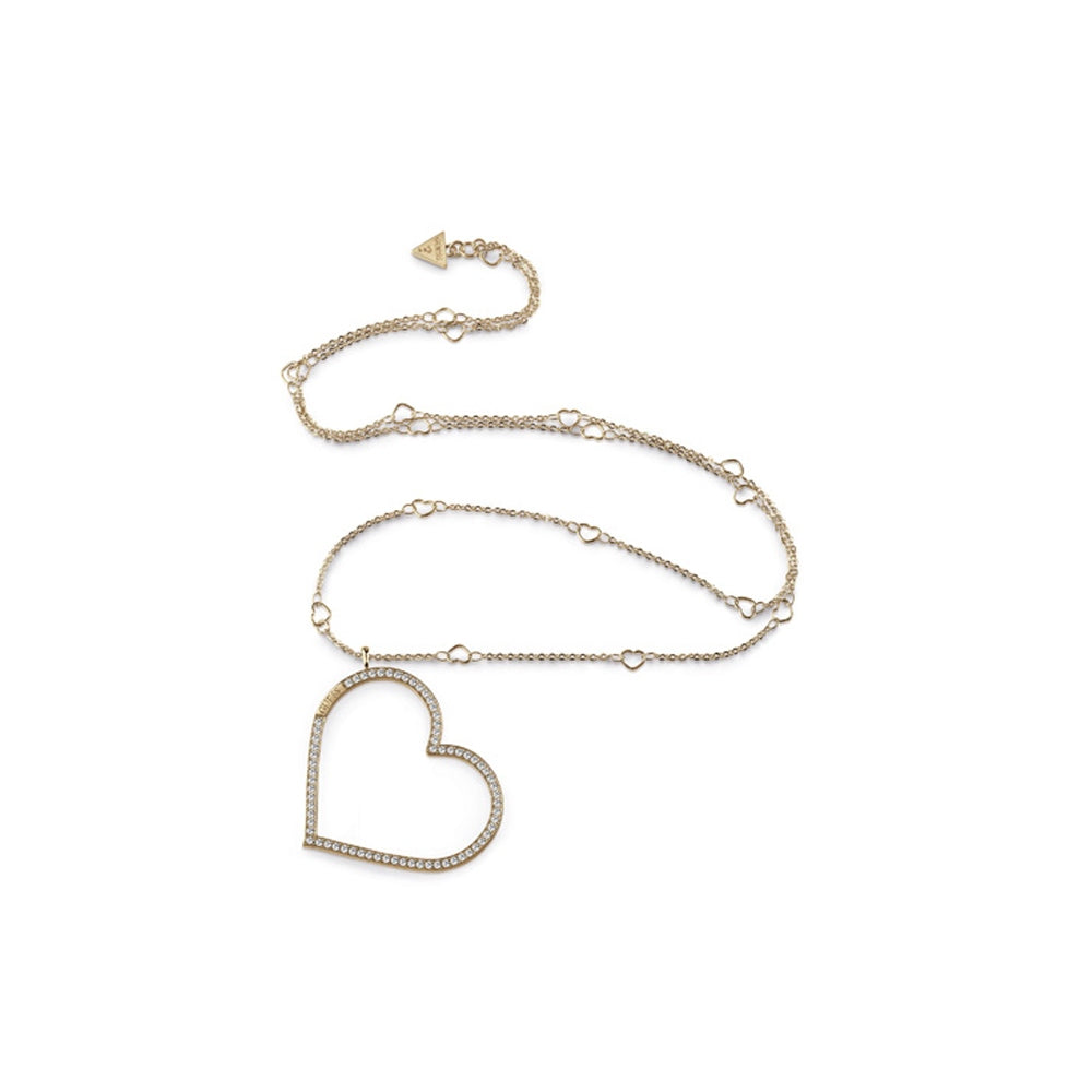 Guess Long Necklace Ip Gold With Stone & Large Heart Pendant Design