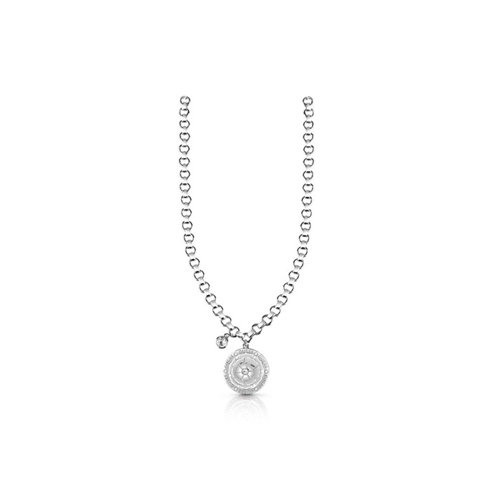 Guess Necklace Silver Color With Peony Circle Chain Design 16-18
