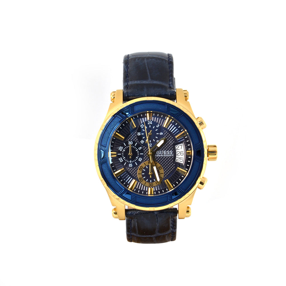 Guess Men'S Chronograph Watch With Sun Blue Dial & Ip Blue Leather Strap