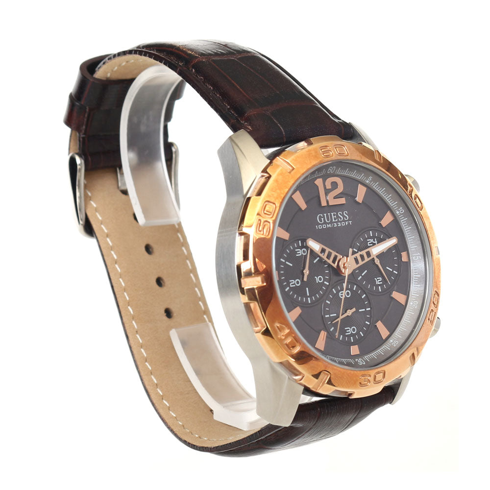 Guess Men'S Stainless Steel Chronograph Watch With Sun Gray Dial & Brown Leather Strap