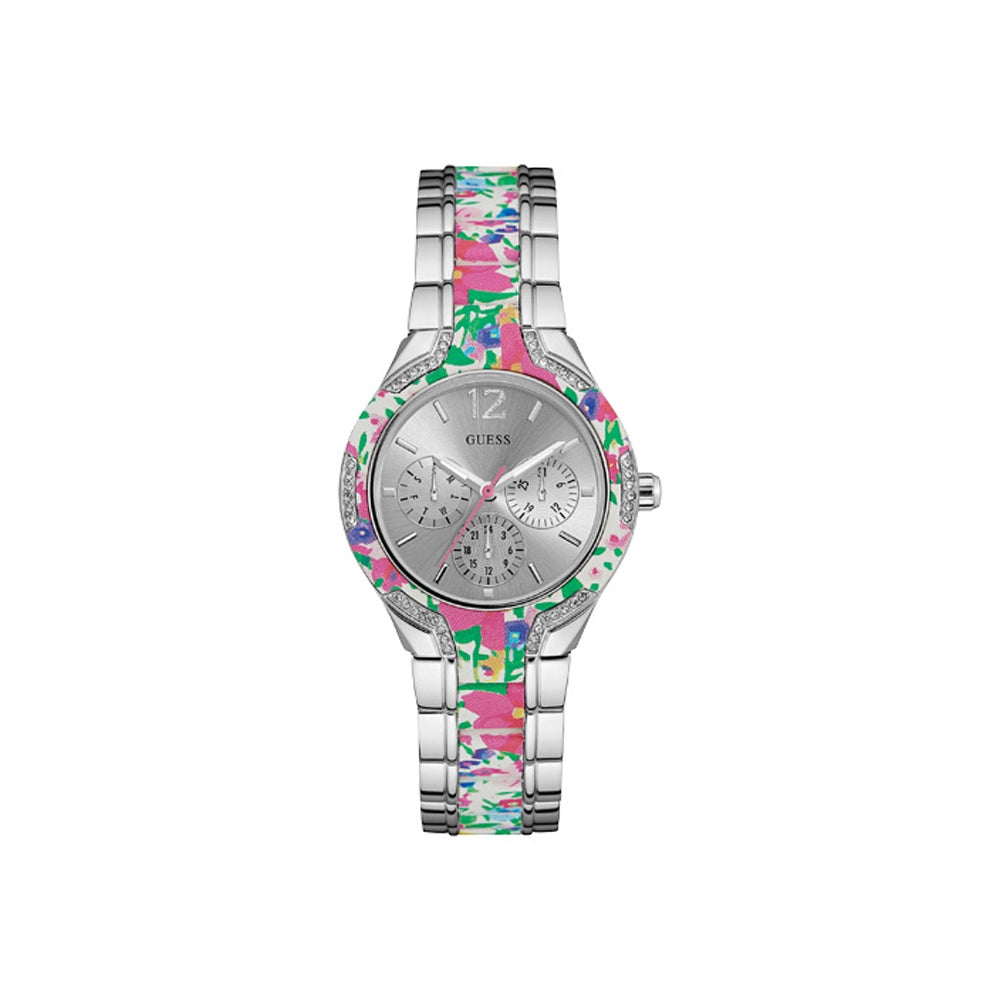 Guess Ladies Stainless Steel Watch With Floral Silicon Bracelet & Silver Sun Dial